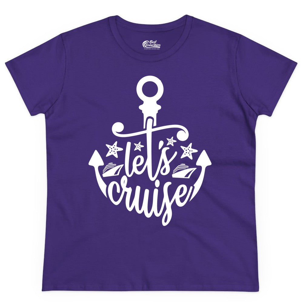 Let's Cruise Shirt - Nautical Anchor Cruise Vacation Tee for Groups (Ladies Tee) in Purple - Let's Cruise Shirt - Nautical Anchor and Cruise Ship Stars Design Tee