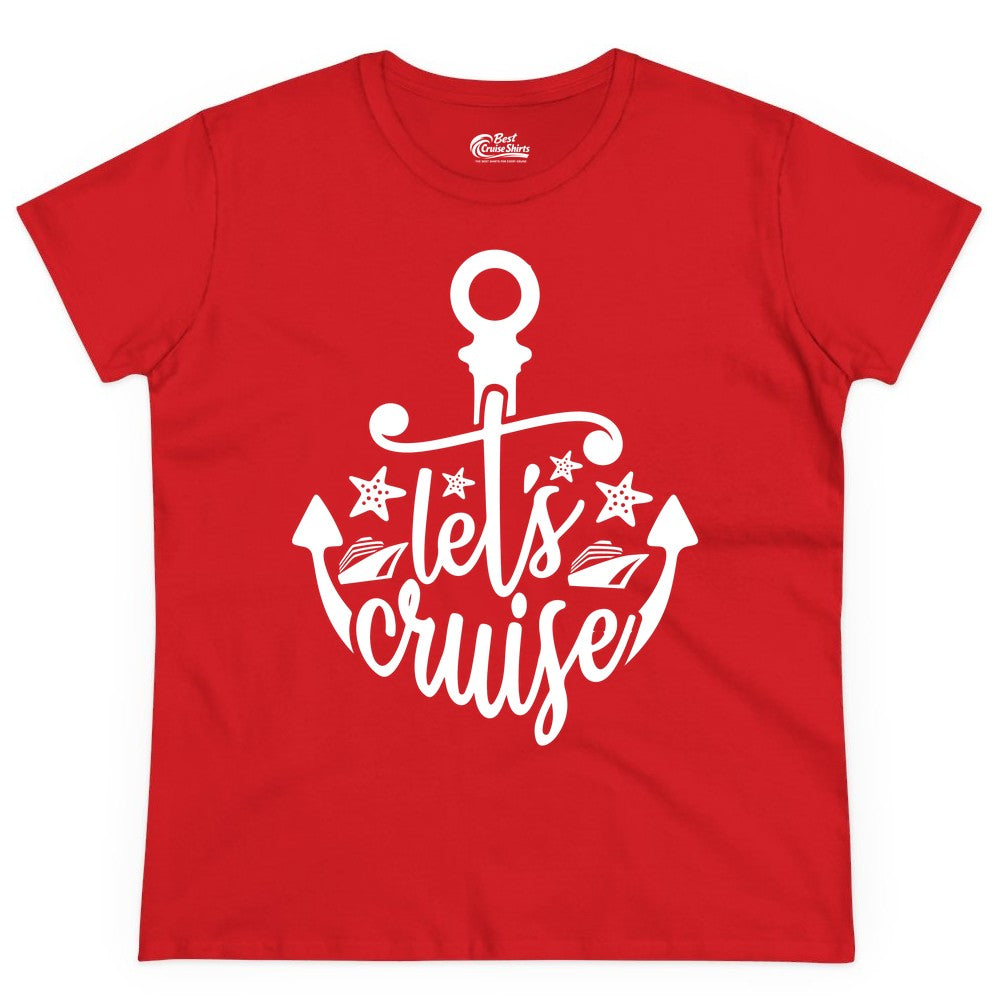 Let's Cruise Shirt - Nautical Anchor Cruise Vacation Tee for Groups (Ladies Tee) in Red - Let's Cruise Shirt - Nautical Anchor and Cruise Ship Stars Design Tee