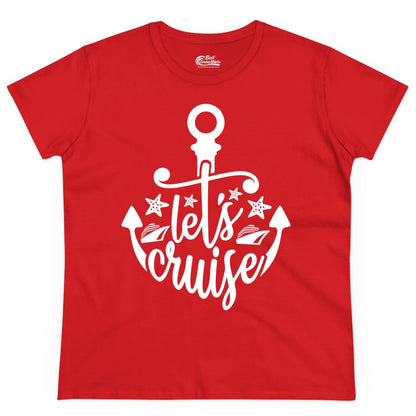 Let's Cruise Shirt - Nautical Anchor Cruise Vacation Tee for Groups (Ladies Tee) in Red - Let's Cruise Shirt - Nautical Anchor and Cruise Ship Stars Design Tee