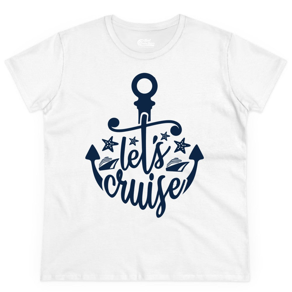 Let's Cruise Shirt - Nautical Anchor Cruise Vacation Tee for Groups (Ladies Tee) in White - Let's Cruise Shirt - Nautical Anchor and Cruise Ship Stars Design Tee