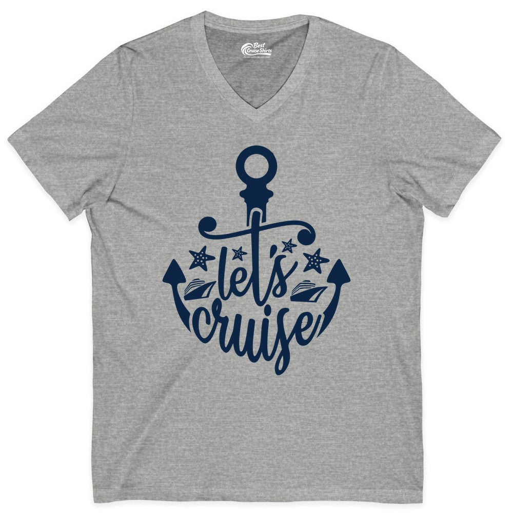Let's Cruise Shirt - Nautical Anchor Cruise Vacation Tee for Groups (V-Neck) in Athletic Heather - Let's Cruise Shirt - Nautical Anchor and Cruise Ship Stars Design Tee