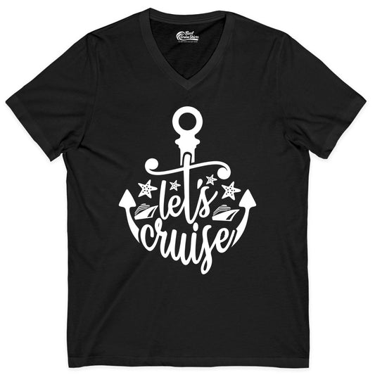 Let's Cruise Shirt - Nautical Anchor Cruise Vacation Tee for Groups (V-Neck) in Black - Let's Cruise Shirt - Nautical Anchor and Cruise Ship Stars Design Tee