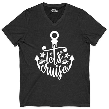 Let's Cruise Shirt - Nautical Anchor Cruise Vacation Tee for Groups (V-Neck) in Dark Grey Heather - Let's Cruise Shirt - Nautical Anchor and Cruise Ship Stars Design Tee
