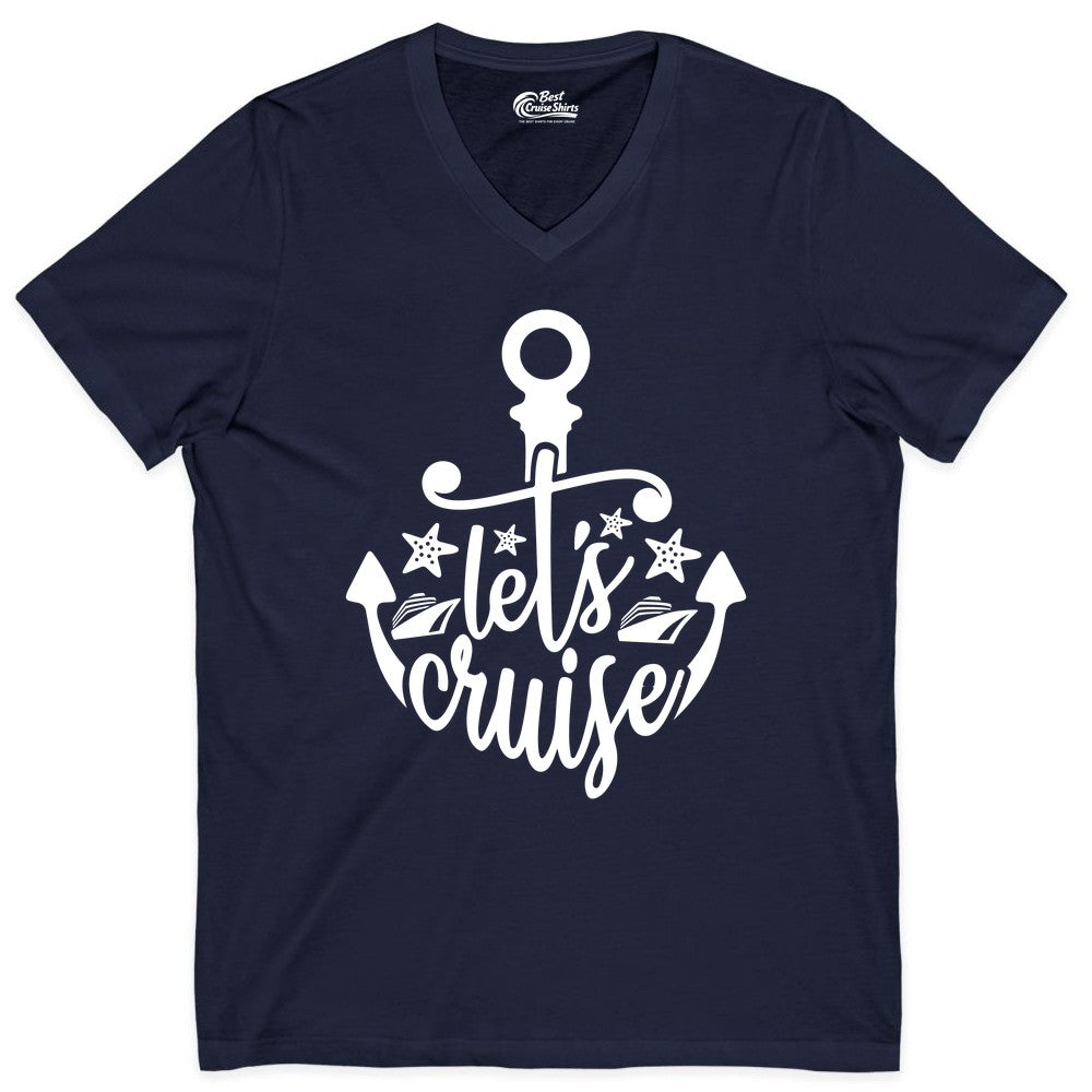Let's Cruise Shirt - Nautical Anchor Cruise Vacation Tee for Groups (V-Neck) in Navy - Let's Cruise Shirt - Nautical Anchor and Cruise Ship Stars Design Tee