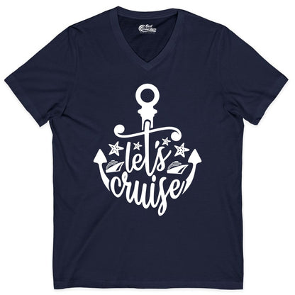 Let's Cruise Shirt - Nautical Anchor Cruise Vacation Tee for Groups (V-Neck) in Navy - Let's Cruise Shirt - Nautical Anchor and Cruise Ship Stars Design Tee