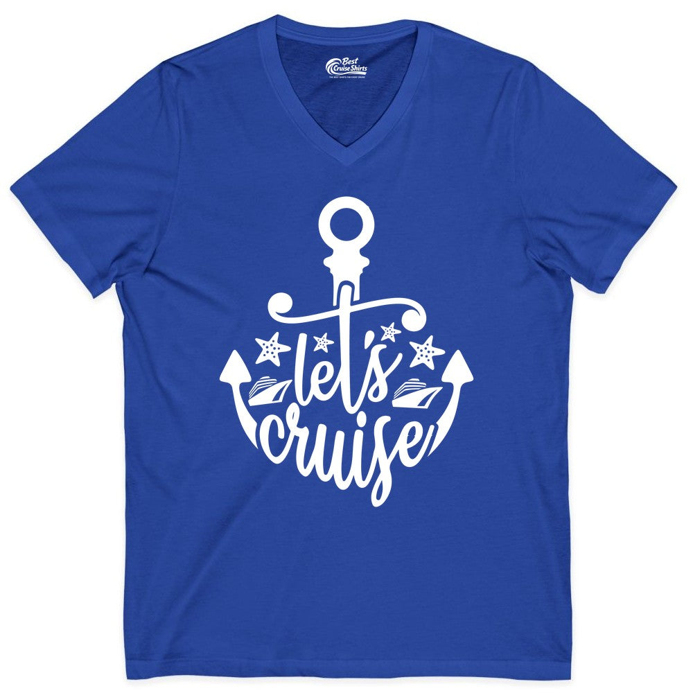 Let's Cruise Shirt - Nautical Anchor Cruise Vacation Tee for Groups (V-Neck) in True Royal - Let's Cruise Shirt - Nautical Anchor and Cruise Ship Stars Design Tee