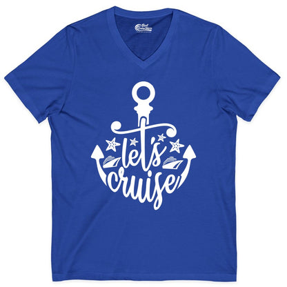 Let's Cruise Shirt - Nautical Anchor Cruise Vacation Tee for Groups (V-Neck) in True Royal - Let's Cruise Shirt - Nautical Anchor and Cruise Ship Stars Design Tee