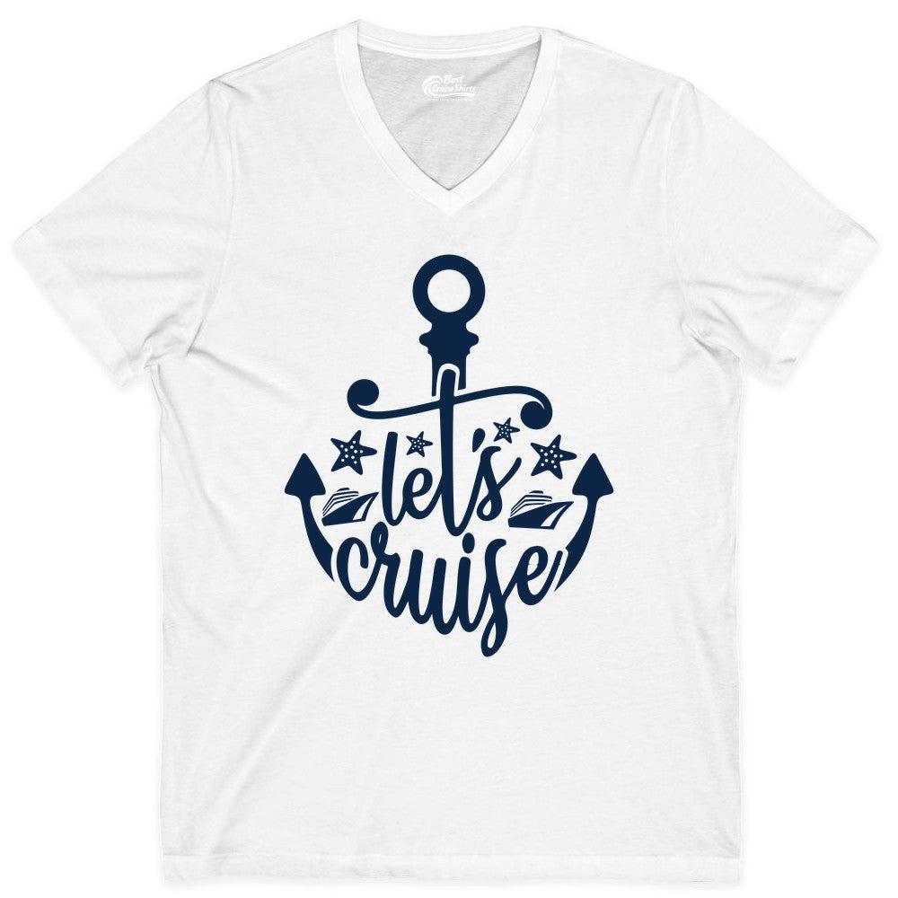 Let's Cruise Shirt - Nautical Anchor Cruise Vacation Tee for Groups (V-Neck) in White - Let's Cruise Shirt - Nautical Anchor and Cruise Ship Stars Design Tee