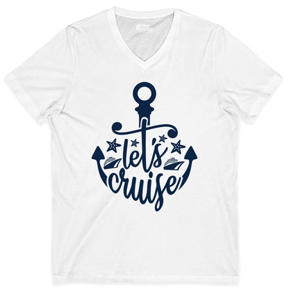 Let's Cruise Shirt - Nautical Anchor Cruise Vacation Tee for Groups (V-Neck) in White - Let's Cruise Shirt - Nautical Anchor and Cruise Ship Stars Design Tee