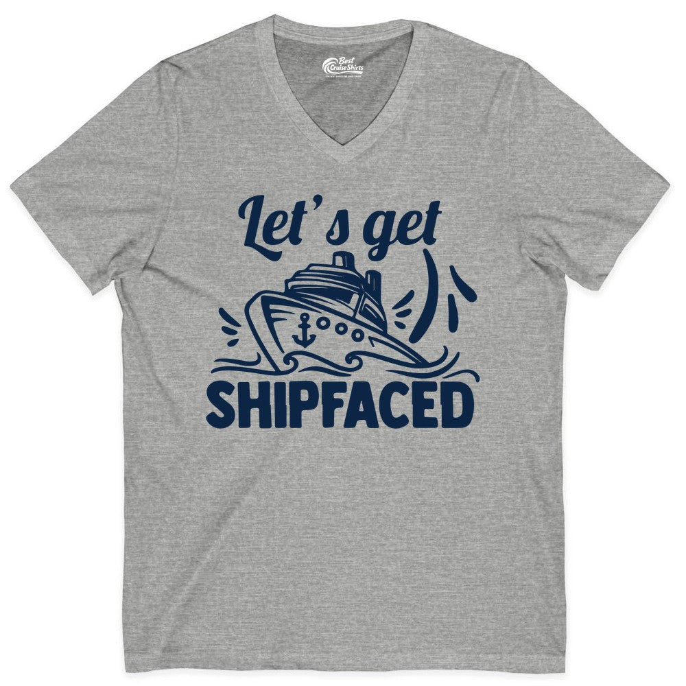 Let's Get Shipfaced Shirt - Funny Cruise Drinking Shirt for Adults (V-Neck) in Athletic Heather - Let's Get Shipfaced Shirt - Funny Cruise Drinking Nautical Party Tee