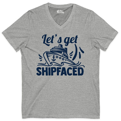 Let's Get Shipfaced Shirt - Funny Cruise Drinking Shirt for Adults (V-Neck) in Athletic Heather - Let's Get Shipfaced Shirt - Funny Cruise Drinking Nautical Party Tee