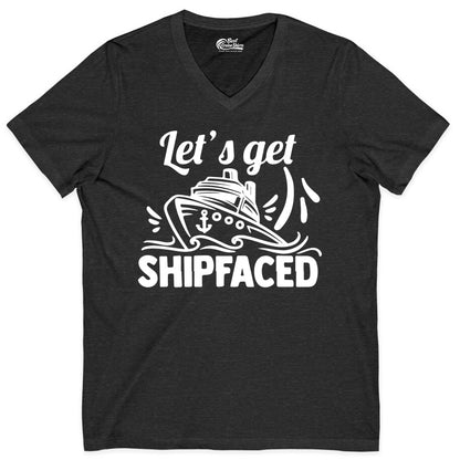 Let's Get Shipfaced Shirt - Funny Cruise Drinking Shirt for Adults (V-Neck) in Dark Grey Heather - Let's Get Shipfaced Shirt - Funny Cruise Drinking Nautical Party Tee