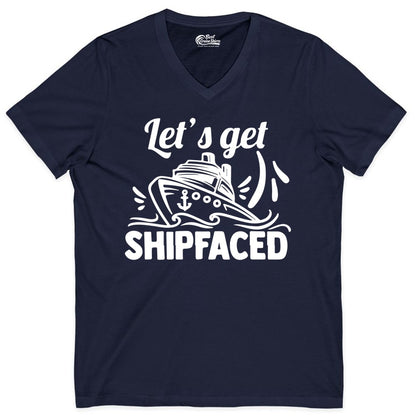 Let's Get Shipfaced Shirt - Funny Cruise Drinking Shirt for Adults (V-Neck) in Navy - Let's Get Shipfaced Shirt - Funny Cruise Drinking Nautical Party Tee