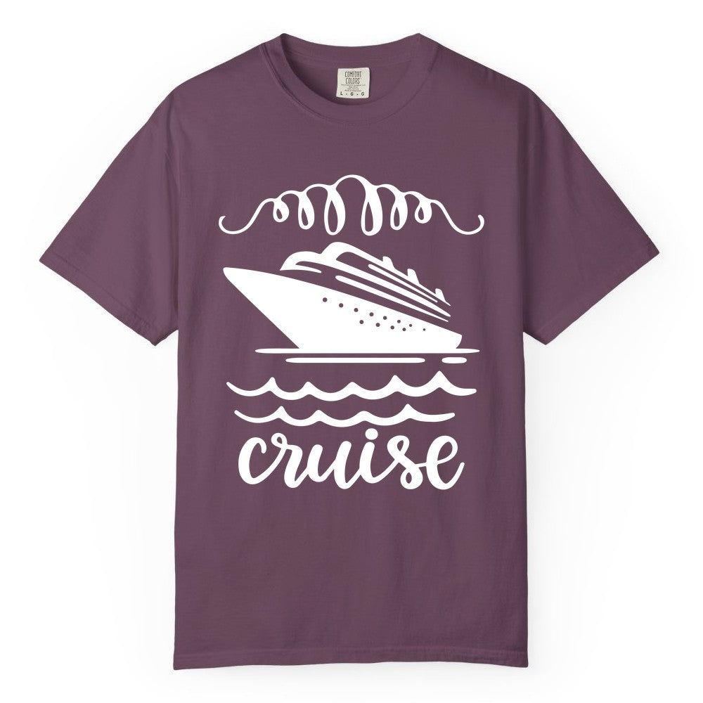 Cruise Shirt - Nautical Ocean Waves Cruise Vacation Shirt for Travelers (Comfort Color) in Berry - Cruise Ship and Ocean Waves Bold Nautical Graphic Cruise Shirt