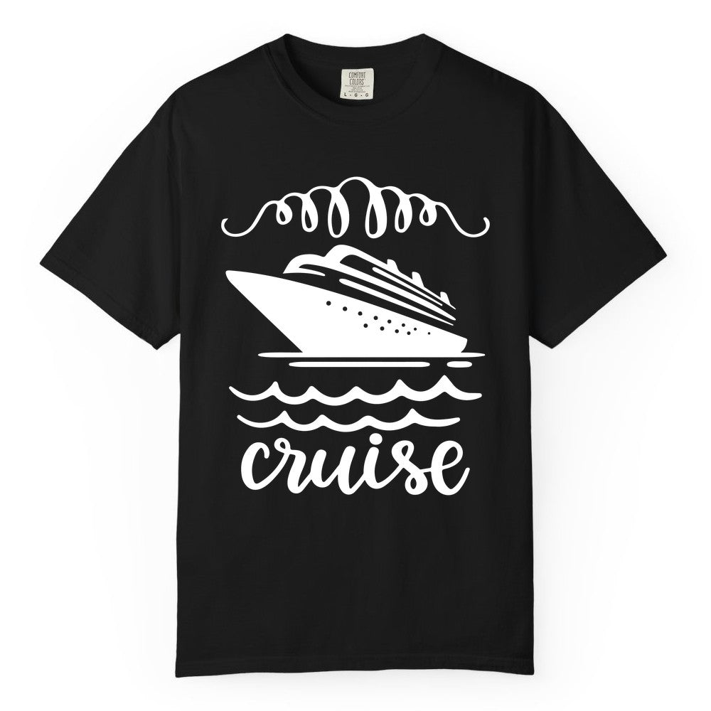 Cruise Shirt - Nautical Ocean Waves Cruise Vacation Shirt for Travelers (Comfort Color) in Black - Cruise Ship and Ocean Waves Bold Nautical Graphic Cruise Shirt