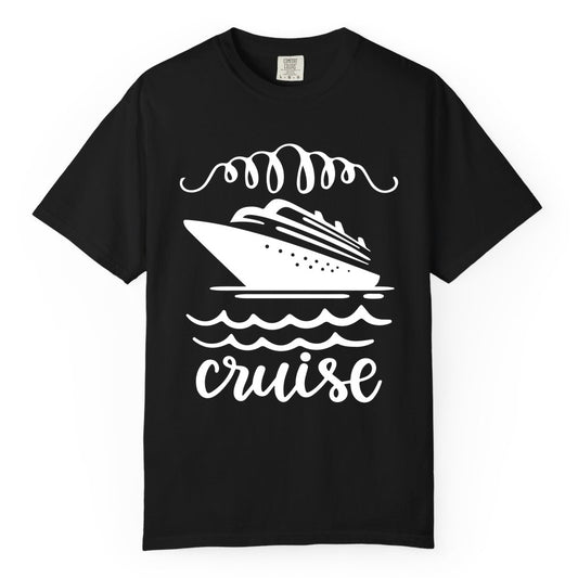 Cruise Shirt - Nautical Ocean Waves Cruise Vacation Shirt for Travelers (Comfort Color) in Black - Cruise Ship and Ocean Waves Bold Nautical Graphic Cruise Shirt