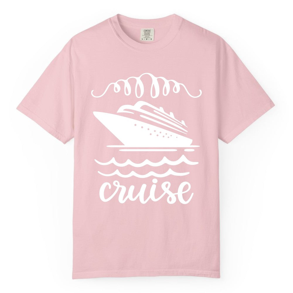 Cruise Shirt - Nautical Ocean Waves Cruise Vacation Shirt for Travelers (Comfort Color) in Blossom - Cruise Ship and Ocean Waves Bold Nautical Graphic Cruise Shirt
