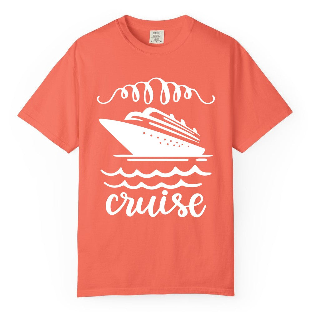 Cruise Shirt - Nautical Ocean Waves Cruise Vacation Shirt for Travelers (Comfort Color) in Bright Salmon - Cruise Ship and Ocean Waves Bold Nautical Graphic Cruise Shirt