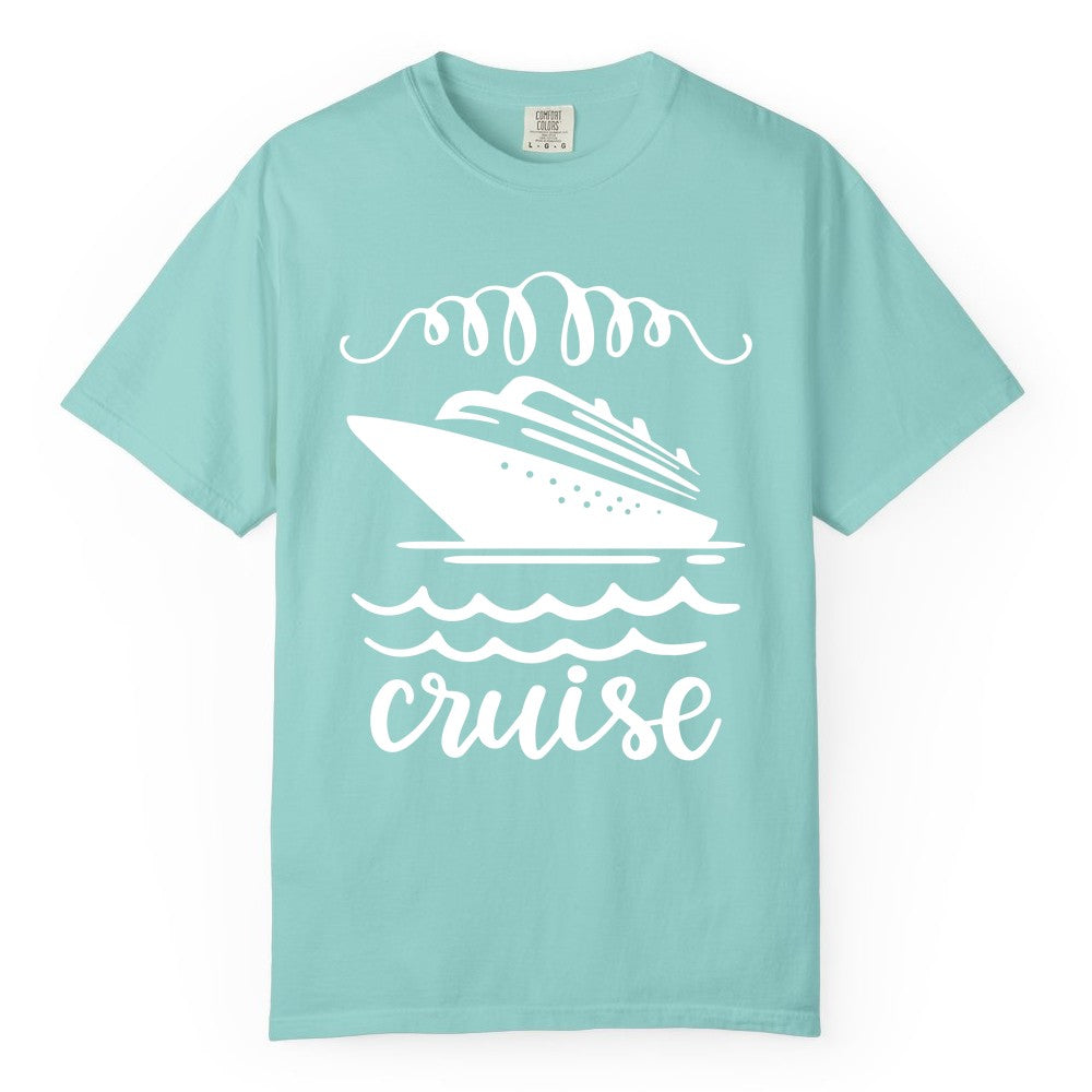 Cruise Shirt - Nautical Ocean Waves Cruise Vacation Shirt for Travelers (Comfort Color) in Chalky Mint - Cruise Ship and Ocean Waves Bold Nautical Graphic Cruise Shirt