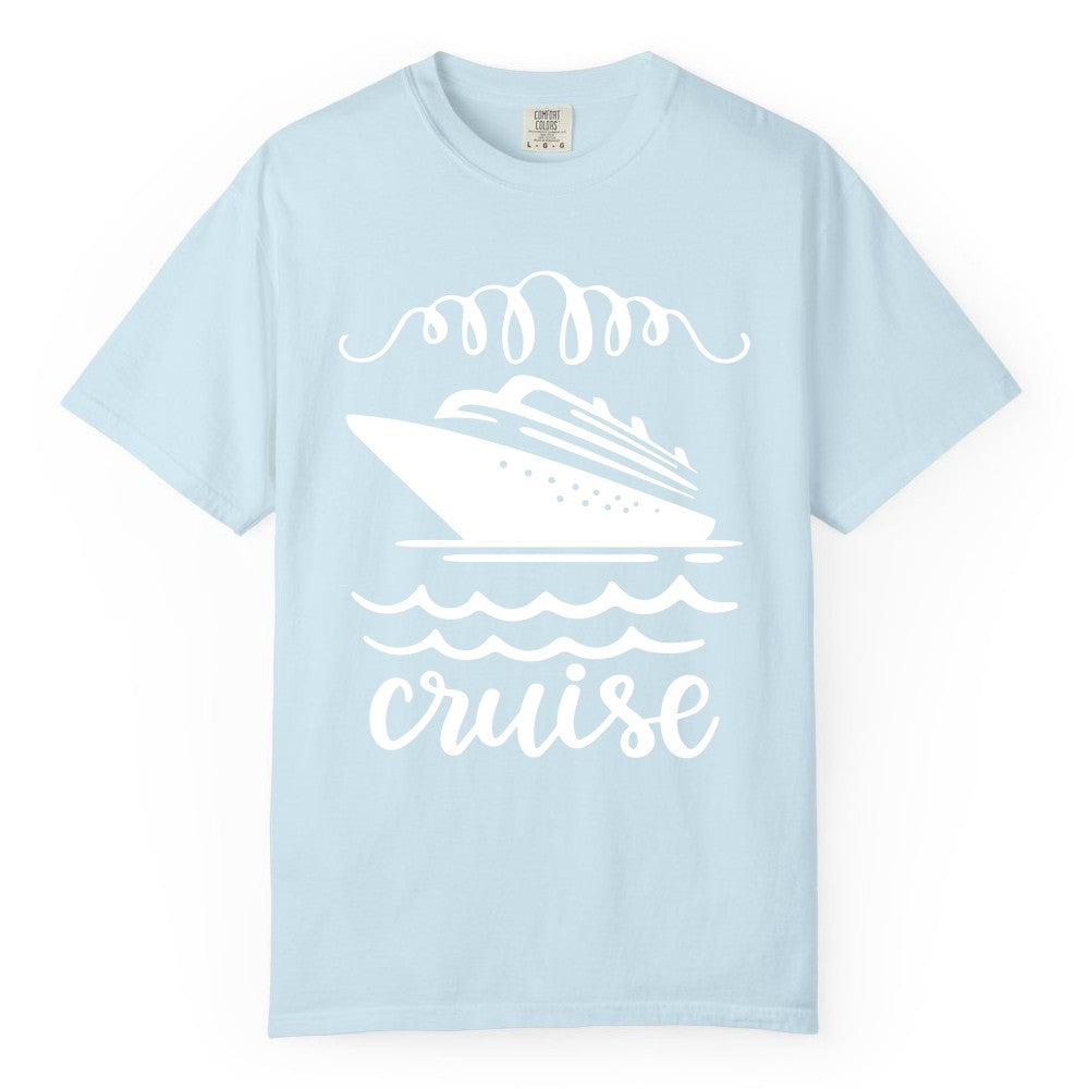 Cruise Shirt - Nautical Ocean Waves Cruise Vacation Shirt for Travelers (Comfort Color) in Chambray - Cruise Ship and Ocean Waves Bold Nautical Graphic Cruise Shirt
