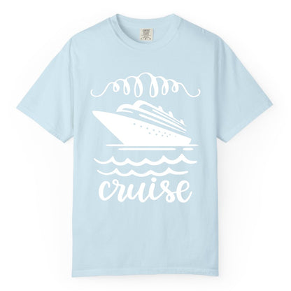 Cruise Shirt - Nautical Ocean Waves Cruise Vacation Shirt for Travelers (Comfort Color) in Chambray - Cruise Ship and Ocean Waves Bold Nautical Graphic Cruise Shirt