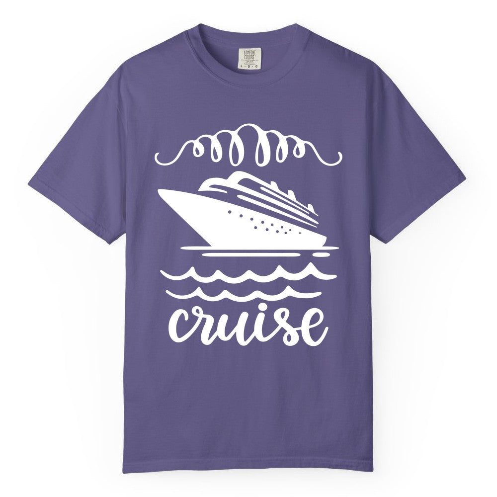 Cruise Shirt - Nautical Ocean Waves Cruise Vacation Shirt for Travelers (Comfort Color) in Grape - Cruise Ship and Ocean Waves Bold Nautical Graphic Cruise Shirt