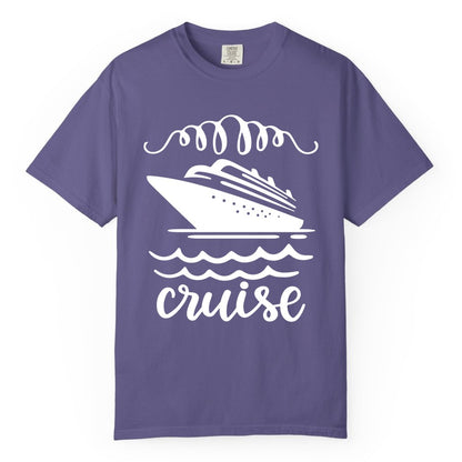 Cruise Shirt - Nautical Ocean Waves Cruise Vacation Shirt for Travelers (Comfort Color) in Grape - Cruise Ship and Ocean Waves Bold Nautical Graphic Cruise Shirt