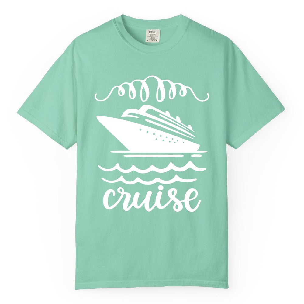 Cruise Shirt - Nautical Ocean Waves Cruise Vacation Shirt for Travelers (Comfort Color) in Island Reef - Cruise Ship and Ocean Waves Bold Nautical Graphic Cruise Shirt