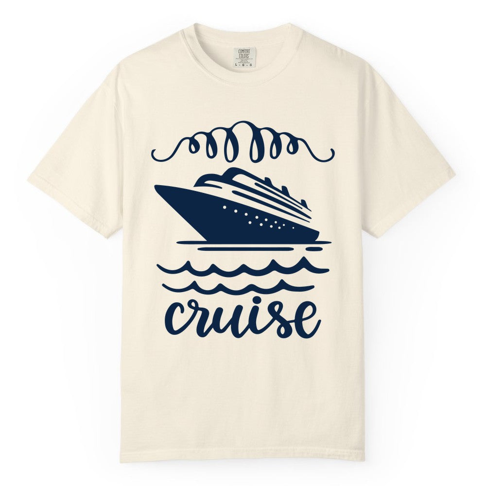 Cruise Shirt - Nautical Ocean Waves Cruise Vacation Shirt for Travelers (Comfort Color) in Ivory - Cruise Ship and Ocean Waves Bold Nautical Graphic Cruise Shirt