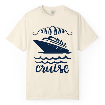 Cruise Shirt - Nautical Ocean Waves Cruise Vacation Shirt for Travelers (Comfort Color) in Ivory - Cruise Ship and Ocean Waves Bold Nautical Graphic Cruise Shirt