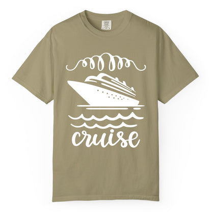 Cruise Shirt - Nautical Ocean Waves Cruise Vacation Shirt for Travelers (Comfort Color) in Khaki - Cruise Ship and Ocean Waves Bold Nautical Graphic Cruise Shirt