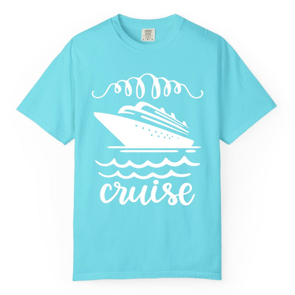Cruise Shirt - Nautical Ocean Waves Cruise Vacation Shirt for Travelers (Comfort Color) in Lagoon Blue - Cruise Ship and Ocean Waves Bold Nautical Graphic Cruise Shirt