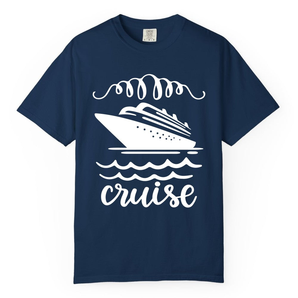 Cruise Shirt - Nautical Ocean Waves Cruise Vacation Shirt for Travelers (Comfort Color) in Navy - Cruise Ship and Ocean Waves Bold Nautical Graphic Cruise Shirt