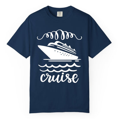 Cruise Shirt - Nautical Ocean Waves Cruise Vacation Shirt for Travelers (Comfort Color) in Navy - Cruise Ship and Ocean Waves Bold Nautical Graphic Cruise Shirt