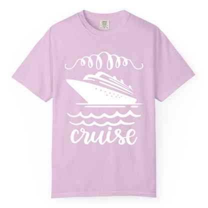 Cruise Shirt - Nautical Ocean Waves Cruise Vacation Shirt for Travelers (Comfort Color) in Orchid - Cruise Ship and Ocean Waves Bold Nautical Graphic Cruise Shirt