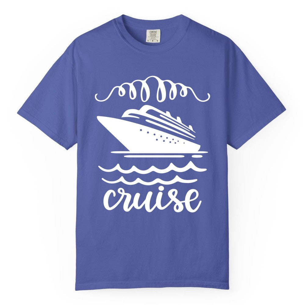 Cruise Shirt - Nautical Ocean Waves Cruise Vacation Shirt for Travelers (Comfort Color) in Periwinkle - Cruise Ship and Ocean Waves Bold Nautical Graphic Cruise Shirt