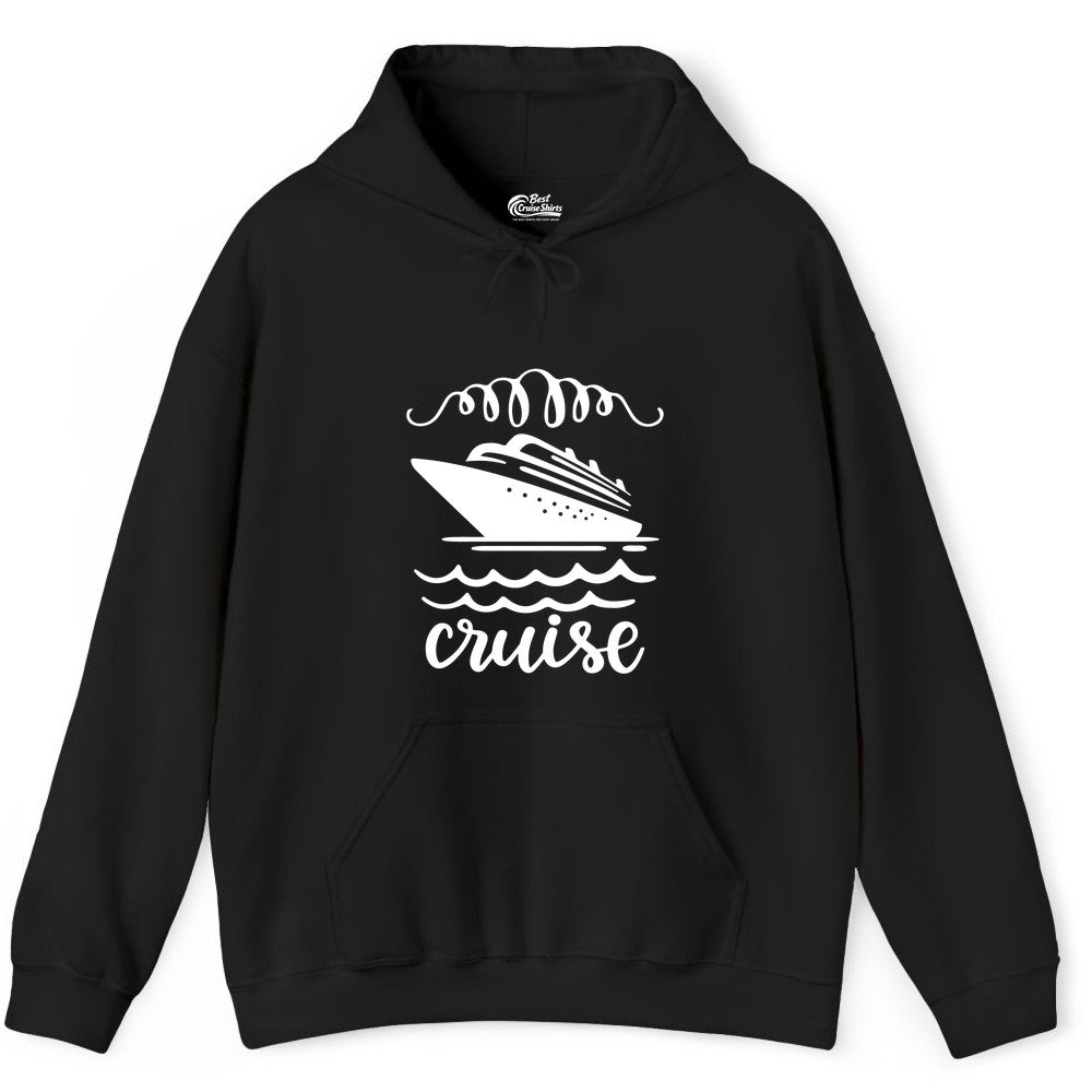 Cruise Shirt - Nautical Ocean Waves Cruise Vacation Shirt for Travelers (Hoodie) in Black - Cruise Ship and Ocean Waves Bold Nautical Graphic Cruise Shirt
