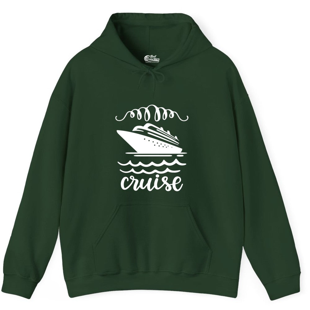 Cruise Shirt - Nautical Ocean Waves Cruise Vacation Shirt for Travelers (Hoodie) in Forest Green - Cruise Ship and Ocean Waves Bold Nautical Graphic Cruise Shirt