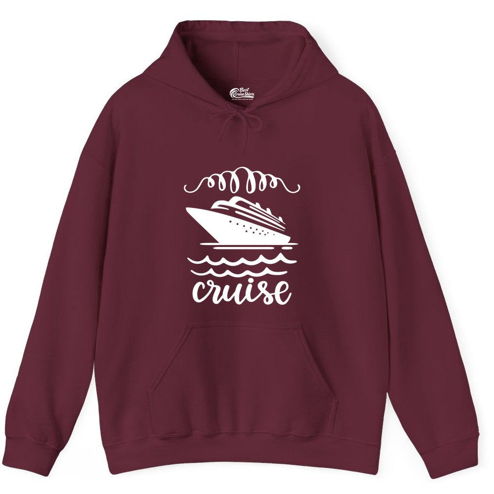 Cruise Shirt - Nautical Ocean Waves Cruise Vacation Shirt for Travelers (Hoodie) in Maroon - Cruise Ship and Ocean Waves Bold Nautical Graphic Cruise Shirt