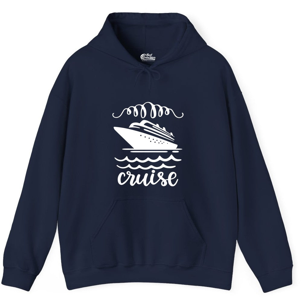 Cruise Shirt - Nautical Ocean Waves Cruise Vacation Shirt for Travelers (Hoodie) in Navy - Cruise Ship and Ocean Waves Bold Nautical Graphic Cruise Shirt