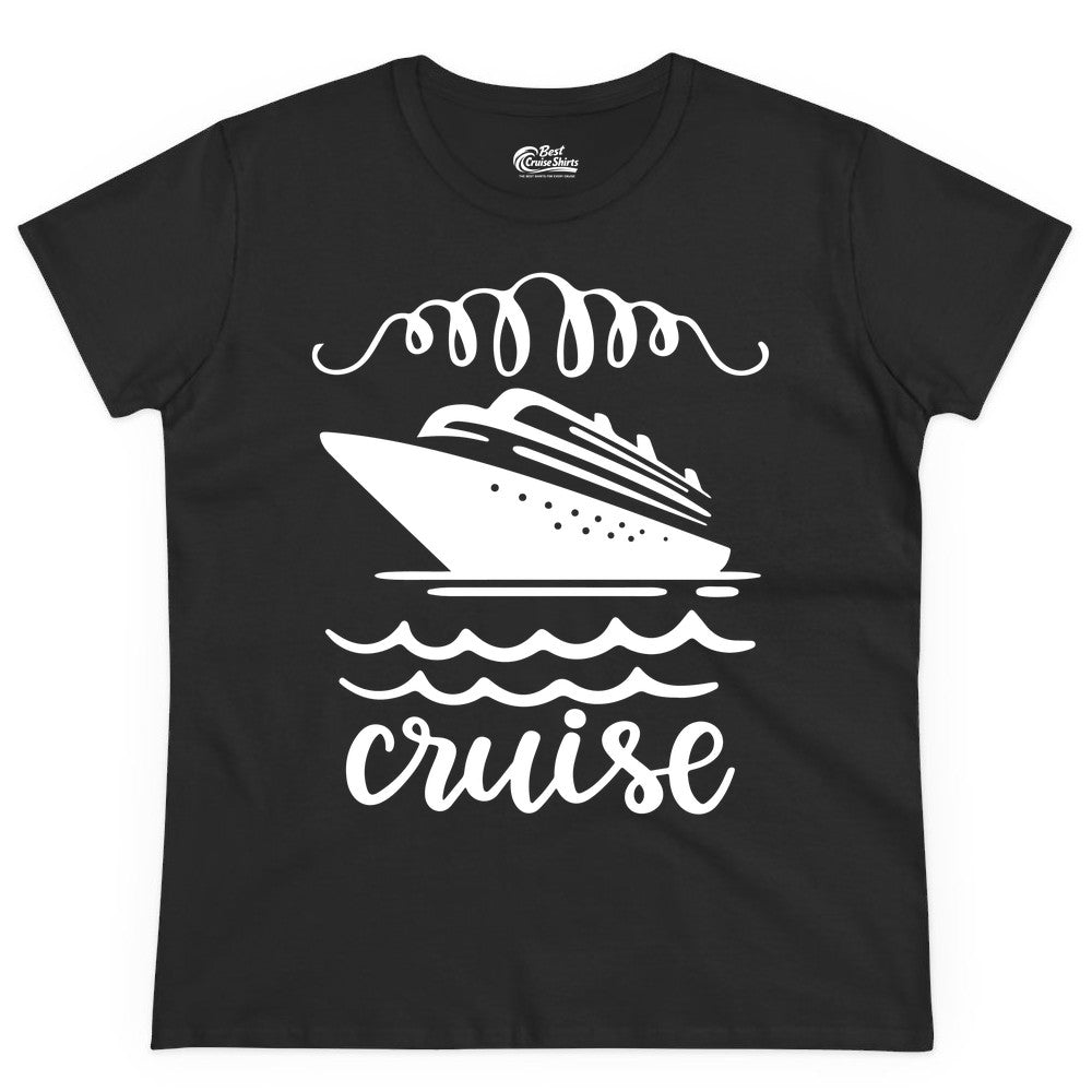 Cruise Shirt - Nautical Ocean Waves Cruise Vacation Shirt for Travelers (Ladies Tee) in Black - Cruise Ship and Ocean Waves Bold Nautical Graphic Cruise Shirt