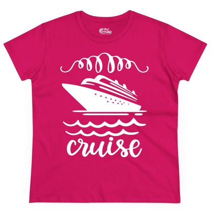 Cruise Shirt - Nautical Ocean Waves Cruise Vacation Shirt for Travelers (Ladies Tee) in Heliconia - Cruise Ship and Ocean Waves Bold Nautical Graphic Cruise Shirt