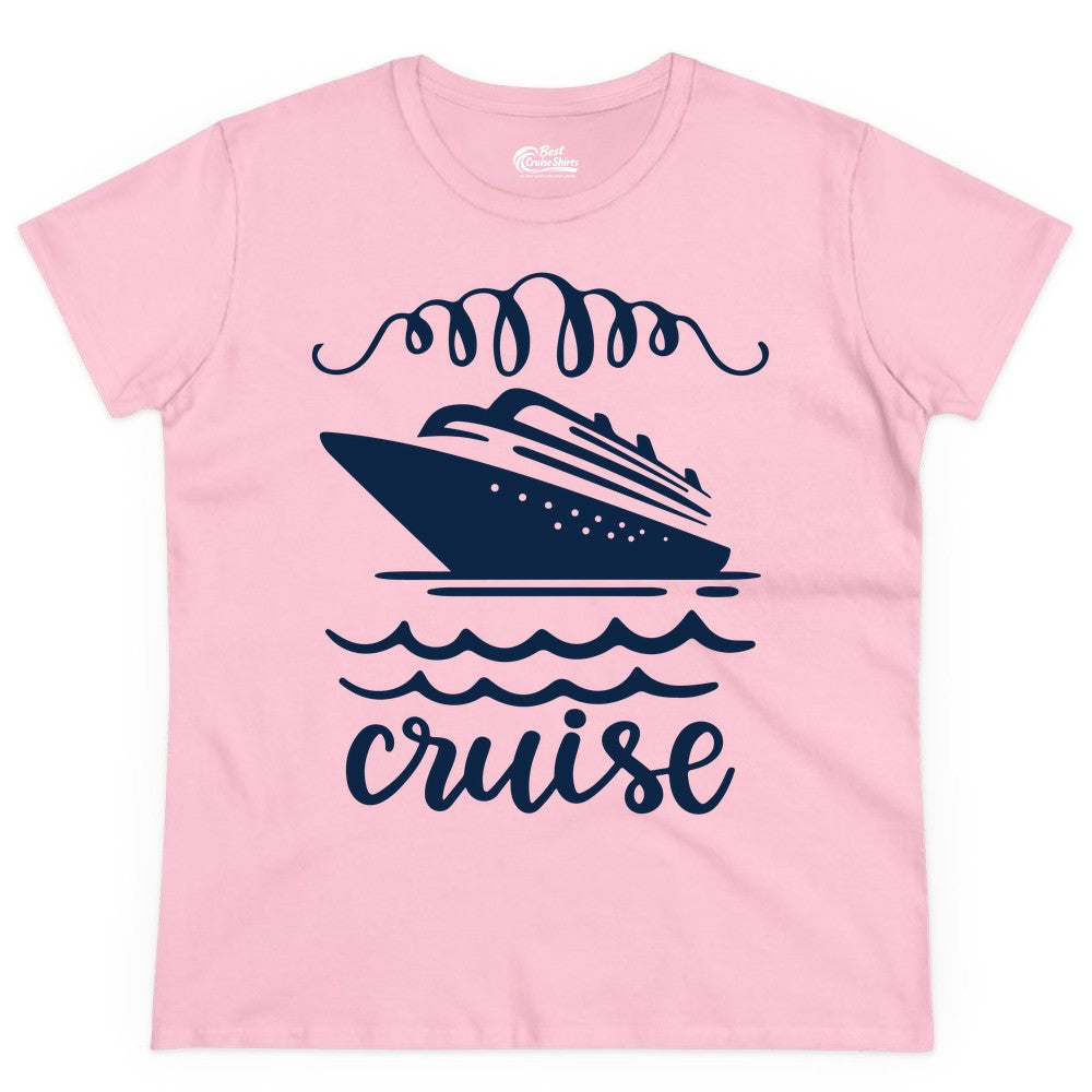 Cruise Shirt - Nautical Ocean Waves Cruise Vacation Shirt for Travelers (Ladies Tee) in Light Pink - Cruise Ship and Ocean Waves Bold Nautical Graphic Cruise Shirt