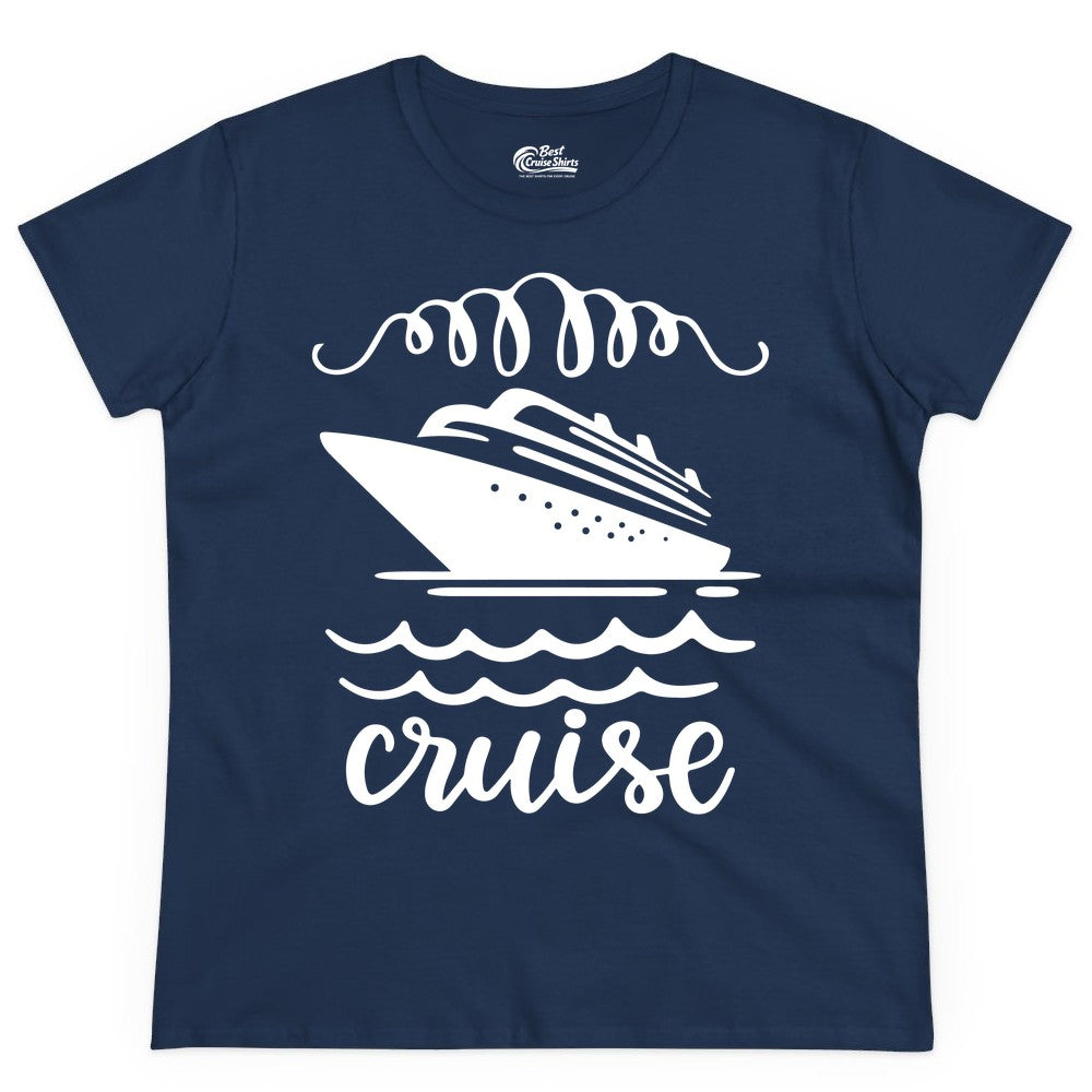 Cruise Shirt - Nautical Ocean Waves Cruise Vacation Shirt for Travelers (Ladies Tee) in Navy - Cruise Ship and Ocean Waves Bold Nautical Graphic Cruise Shirt