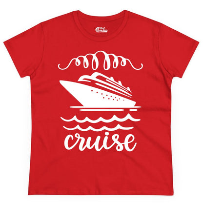 Cruise Shirt - Nautical Ocean Waves Cruise Vacation Shirt for Travelers (Ladies Tee) in Red - Cruise Ship and Ocean Waves Bold Nautical Graphic Cruise Shirt
