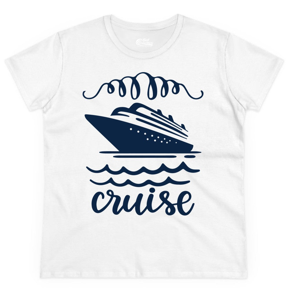 Cruise Shirt - Nautical Ocean Waves Cruise Vacation Shirt for Travelers (Ladies Tee) in White - Cruise Ship and Ocean Waves Bold Nautical Graphic Cruise Shirt
