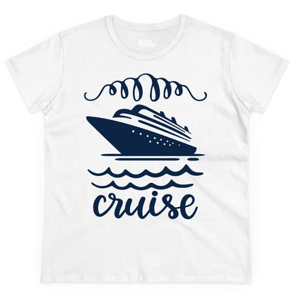Cruise Shirt - Nautical Ocean Waves Cruise Vacation Shirt for Travelers (Ladies Tee) in White - Cruise Ship and Ocean Waves Bold Nautical Graphic Cruise Shirt