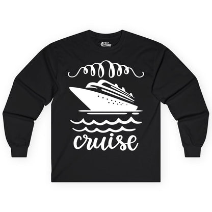 Cruise Shirt - Nautical Ocean Waves Cruise Vacation Shirt for Travelers (Long Sleeve) in Black - Cruise Ship and Ocean Waves Bold Nautical Graphic Cruise Shirt