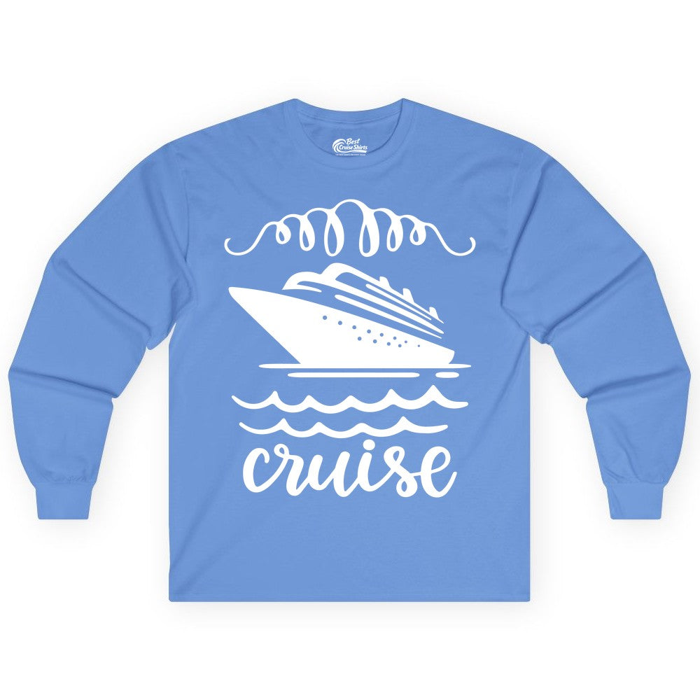 Cruise Shirt - Nautical Ocean Waves Cruise Vacation Shirt for Travelers (Long Sleeve) in Carolina Blue - Cruise Ship and Ocean Waves Bold Nautical Graphic Cruise Shirt