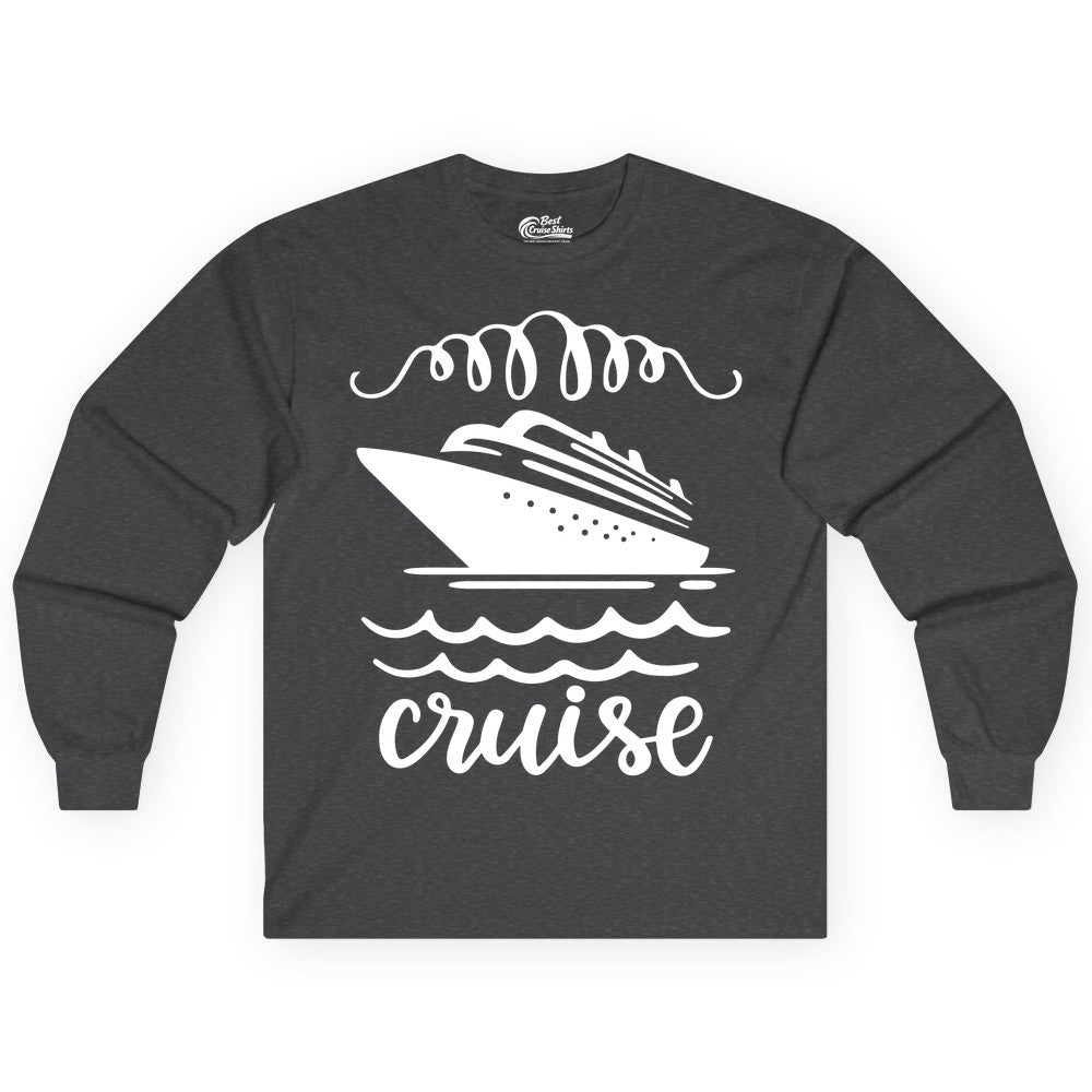 Cruise Shirt - Nautical Ocean Waves Cruise Vacation Shirt for Travelers (Long Sleeve) in Dark Heather - Cruise Ship and Ocean Waves Bold Nautical Graphic Cruise Shirt